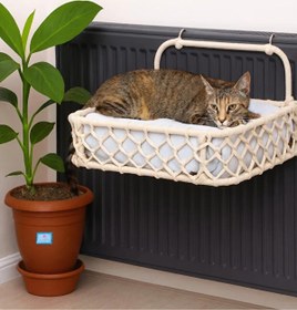 Resim Tasaryum Kedi Köpek Kalorifer Yatağı, Kedi Hamağı, Puf Minderli Radyatör Yatağı Krem 