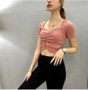 Resim Tam Moda Kadın Crop Önü Büzgülü Bluz Gül Kurusu Kaşkorse 