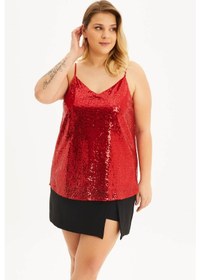 Resim Kadın Büyük Beden Astarlı İp Askılı Payetli Bluz - Kırmızı 