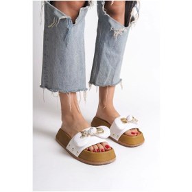 Resim Dıla Kalın Ve Ortopedik Taban Ayıcıklı Saten Kadın Terlik Kt Beyaz Beyaz 