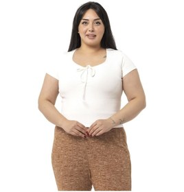 Resim Büyük Beden Yarım Kollu Göğüste Bağcık Detaylı Kaşkorse Ekru Body-ekru Ekru 