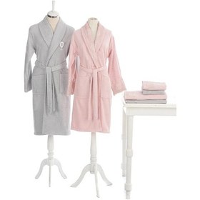 Resim Özdilek Wedding Terlikli Aile Bornoz Seti Takımı Gri/Pudra 