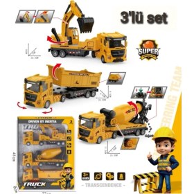 Resim 3lü Set Büyük Iş Makinaları Kırılmaz Fonksiyonlu Iş Araçları 28 cm Sürtmeli Kamyon Kepçe Mikser 