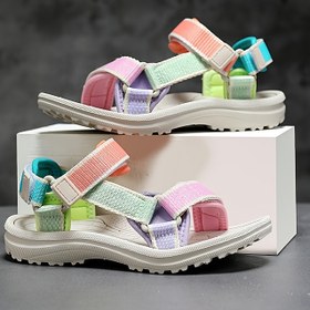 Resim 2025 Kız Çocuk Bahar/Yaz Çizgili Bağcıklı Rahat Sandaletler - Preppy, Sportif ve Günlük Giyim - Alçak Topuk, Yuvarlak Burun, EVA Taban, Kumaş Üst, Astar Yok, Tabanlık Yok 