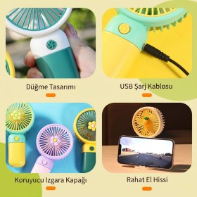 Resim CoverZone Standlı Şarjlı El Fanı - 3 Kademe Hız Ayarı, Seyahat ve Masaüstü Vantilatör, Pembe Çilek Mini Fan 