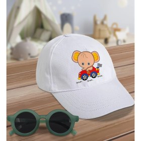 Resim BK Kids Yarışçı Fil Tasarımlı Beyaz Cotton Çocuk Şapkası ve Yeşil Çocuk Güneş Gözlüğü Hediye Seti 