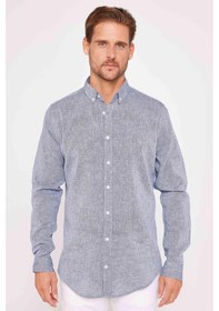 Resim Tudors Slim Fit Uzun Kollu Dar Kesim Keten Doku Premium Seri Düğmeli Yaka Düz Lacivert Erkek Gömlek-30599-lacivert Lacivert 