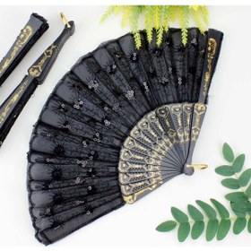 Resim Plastik Pullu Kumaş Yelpaze 12'li Siyah Çok Renkli 