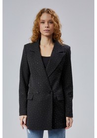 Resim Kadın Regular Dokuma Astarlı Taş Detaylı Blazer Ceket Siyah 
