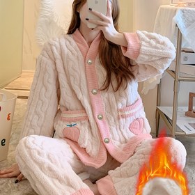 Resim 2 adet Kadın Pijama Seti, Sonbahar ve Kış için Kalın Fleece Pijama, Peach Flannel ile, Ev Giyimi, Büyük Beden, Rahat Stil, Düz Renk, Yuvarlak Yaka, Cep ile 