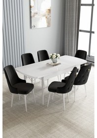 Resim Loft Beyaz 80x132 Açılabilir Mdf Masa Yemek Odası Takımı, Mutfak Takımı 6 Sandalye Siyah 