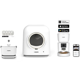 Resim Xenon Smart Akıllı Otomatik Kedi Tuvaleti 4LT Hazneli Mama Kabı Bataryalı Su Pınarı ve Yedek Filtre Pet Seti 