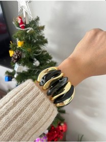 Resim Kadın Siyah Tasarım Akrilik Kemik Gold Detaylı Bileklik Siyah 