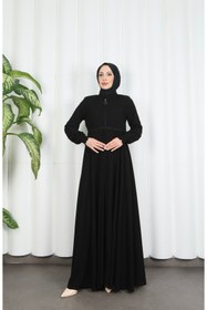 Resim HNT Hayrunnisa Tesettür Beli Dantelli Mevlana Ferace Siyah HNT7011 