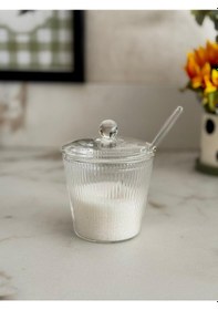 Resim Morponi Borosilikat Cam Kapaklı Ve Cam Kaşıklı Optik Çizgili Tuzluk & Şekerlik Kahverengi - Şeffaf 