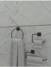 Resim Banyo Yapışkanlı Siyah Kare Topuz Havluluk Ve Kare Tuvalet Kağıtlık Kare Peçetelik Seti Düzenleyici Siyah 