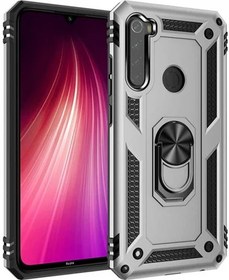 Resim Xiaomi Redmi Note 8 Kılıf Silikon Zırhlı Standlı Yüzüklü Mıknatıslı Tank Kapak - Gri 