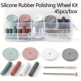Resim 45 adet/ Kutu Taşlama ve Parlatma Tekerlek Seti 20 Teknik Silikon Kauçuk Parlatma Tekerlekleri 20 Silikon Kauçuk Parçacık 5 Kelepçe İğne Tutma Kolu Çapı HP2.35MM İş Parçası Taşlama ve Parlatma İçin Uygun Taşlama Makinesi 