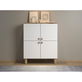 Resim Nora Bohem Konsol Ayakkabılık Çok Amaçlı Dolap Mutfak Dolabı 90 Cm 4 Kapaklı Atlantik Çam / Beyaz Kahverengi 