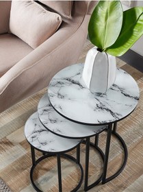 Resim 3' Lü Beyaz Mermer Temperli Cam Siyah Metal Sehpa 