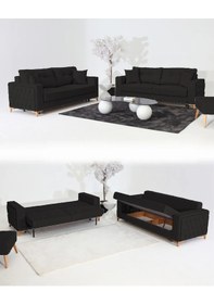 Resim Nola Koltuk Takımı 3+3+3 & Bazalı Yataklı Koltuk & Kanepe - Siyah Siyah 
