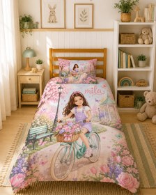 Resim Evmila Karikatüristik Bisikletli Kız Temalı Nevresim Takımı - 200x220 cm Nevresim ( Çift Kişilik Özelleştirilmiş ) + 50x70 cm Yastık Kılıfı 2 Adet 