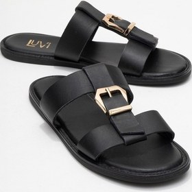 Resim Luvi Shoes Sveta Siyah Cilt Tokalı Hakiki Deri Kadın Terlik Siyah 