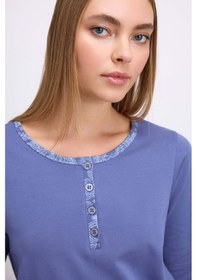 Resim Man11566-1085 Anil Ev Giyim Anıl Kadın Uzun Kollu T-shirt Ve Desenli Pantolon Pijama Takımı 11566 Çivit 