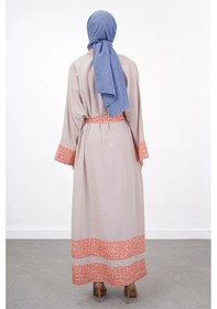 Resim Pureva Garni Detaylı Kuşaklı Keten İkili Kimono - Bej/oranj Çok Renkli 