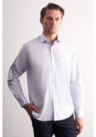 Resim İmza Mavi Yarım İtalyan Yaka Uzun Kol Premium Slim Fit %100 Pamuk Gömlek 1004255197 Mavi 