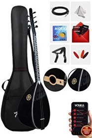 Resim Yonka B-145K Kısa Sap Ceviz Ağacı Siyah Kaliteli Gürgen Sap Saz Bağlama Seti 