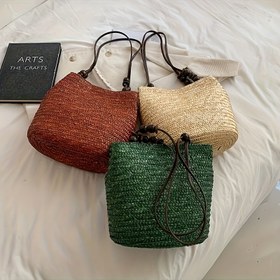 Resim Kadınlar için yazlık büyük kapasiteli plaj çantası, bej renk, şık dokuma, seyahat, el yapımı, polyester astar ve manyetik mühür, kadınlar için uygun. 