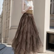 Resim Mesh Layered Tutu Etek, Rahat Düz Renkli Elastik Bel Katlı Etek, Kadın Giyim 