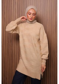 Resim Balenbi Örgü Dokulu Yumoş Oversize Tesettür Triko Tunik 7018 Bej 