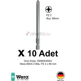 Resim Alveta Wera 855/4 Z Pz2 x 89MM Tornavida Ucu 10 Adet | Pozidriv Vidalama Bits Seti Uzun Seri 