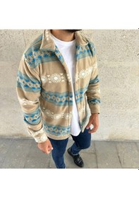 Resim Erkek Desenli Polar Gömlek - Etnik Şerit Desen Yakalı, Uzun Kollu, Düğmeli, Oversize Rahat Kalıp - Sarı Çok Renkli 