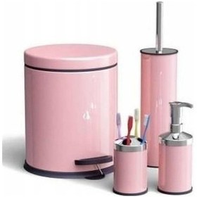 Resim 4lü Banyo Seti Pembe- Çöp Kovası+Fırça+Sabunluk+Diş Fırçalık Pembe 