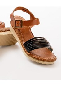 Resim 731-07 Siyah Ortopedik Hakiki Deri Dolgu Kadın Sandalet Altın - Taba 