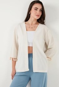 Resim Lela Pamuk ve Keten Karışımlı Püskül Detaylı Regular Fit Uzun Kimono Hırka Bayan HIRKA 5869015 