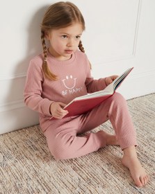 Resim Minidamla Gülen Yüz Baskılı 1-7 Yaş Pijama Takımı - Pembe - Gül Kurusu / 4-5 Yaş 