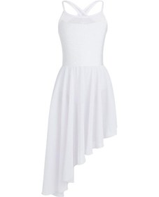 Resim Beyaz Çocuklar Büyük Kızlar Asimetrik Şifon Etekli Lirik Bale Elbise Balo Salonu Dans Leotard Kostüm Beyaz 