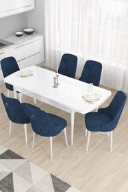 Resim Canisa Concept Taç Serisi Açılabilir Mutfak Masası Takımı 80x132 Beyaz Masa 6 Lacivert Sandalye 