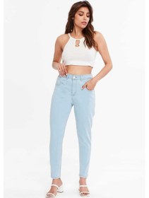 Resim Shevega Kadın Buz Mavi Ön Contali Likrali Dar Paça Jeans Pantolon Buz Mavi 
