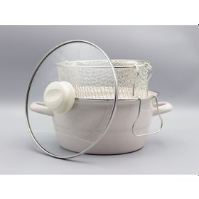 Resim Bonera Emaye Cam Kapaklı Beyaz Kızartma Tenceresi 22cm Krem 