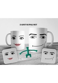 Resim Roblox Man & Woman Face 2 Adet Kupa Bardak Ve Bardak Altlığı Seti Beyaz 