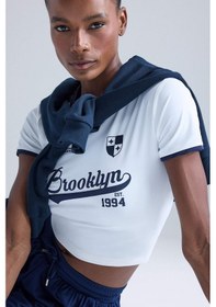 Resim Defacto Defactofit Crop Bisiklet Yaka Baskılı Sporcu Kısa Kollu Tişört E7720ax25auwt34 Beyaz 