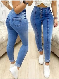 Resim Kadın Yüksek Bel Önden Düğmeli Jean Pantolon Lacivert 