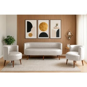 Resim Sydney Koltuk Takımı 3+1+1 Dekoratif Modern Deri Koltuk Seti Ofis Ve Ev Kullanımı - Krem Krem 