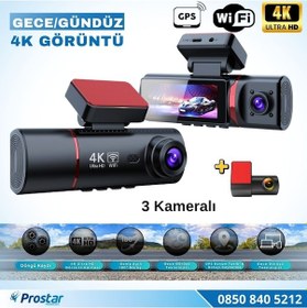Resim 4k Ultra Hd 3 Kameralı Ön, İç Ve Arka Wifi Gps G-sensör Park Modu Dashcam Kamera 