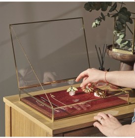 Resim Kadife Tabanlı Cam Kutu Takı, Aksesuar, Sunum Kutusu Pirinç 